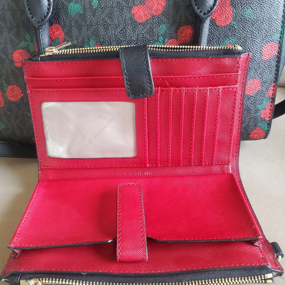 MICHAEL KORS Black and Red Floral Purse/Shoulder Bag & Matching Wallet - Picture 7 of 8